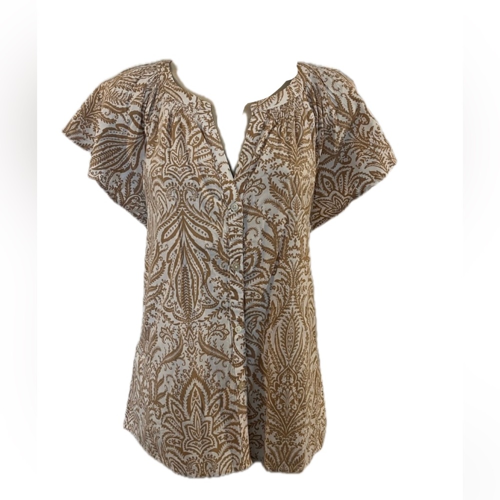 LOFT Tan/Cream Paisley Flutter Sleeve Blouse - NWT - Size Medium!